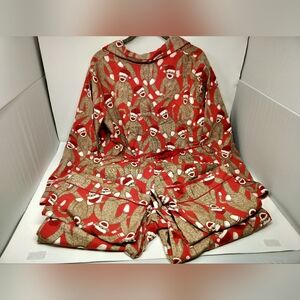 Nick & Nora Sock Monkey Flannel Pajama Set Size XXL Red Christmas Hat Button Up